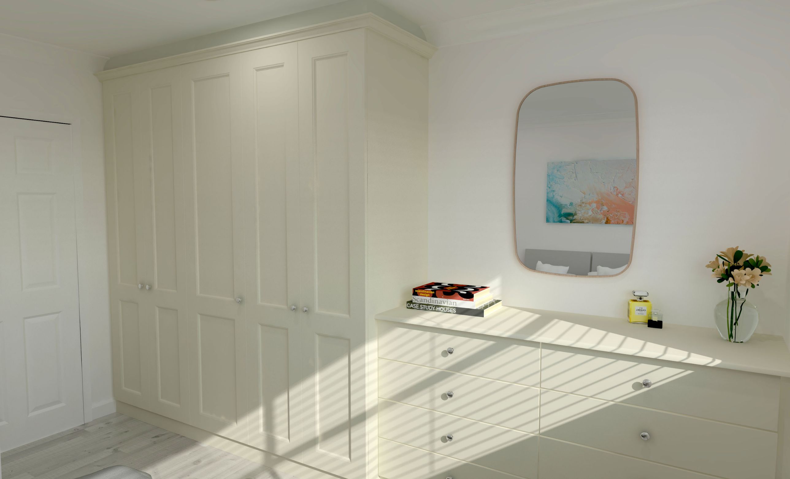 Visual illustrating shaker style fitted wardobes in Porcelain